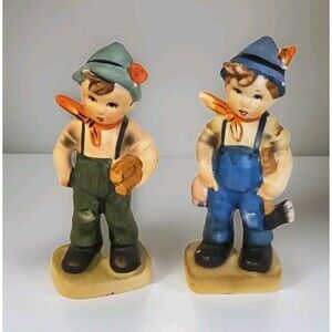 Pair of Wales Porcelain Boy Figurines Alpine With Axe And Logs Vtg Made in Japan